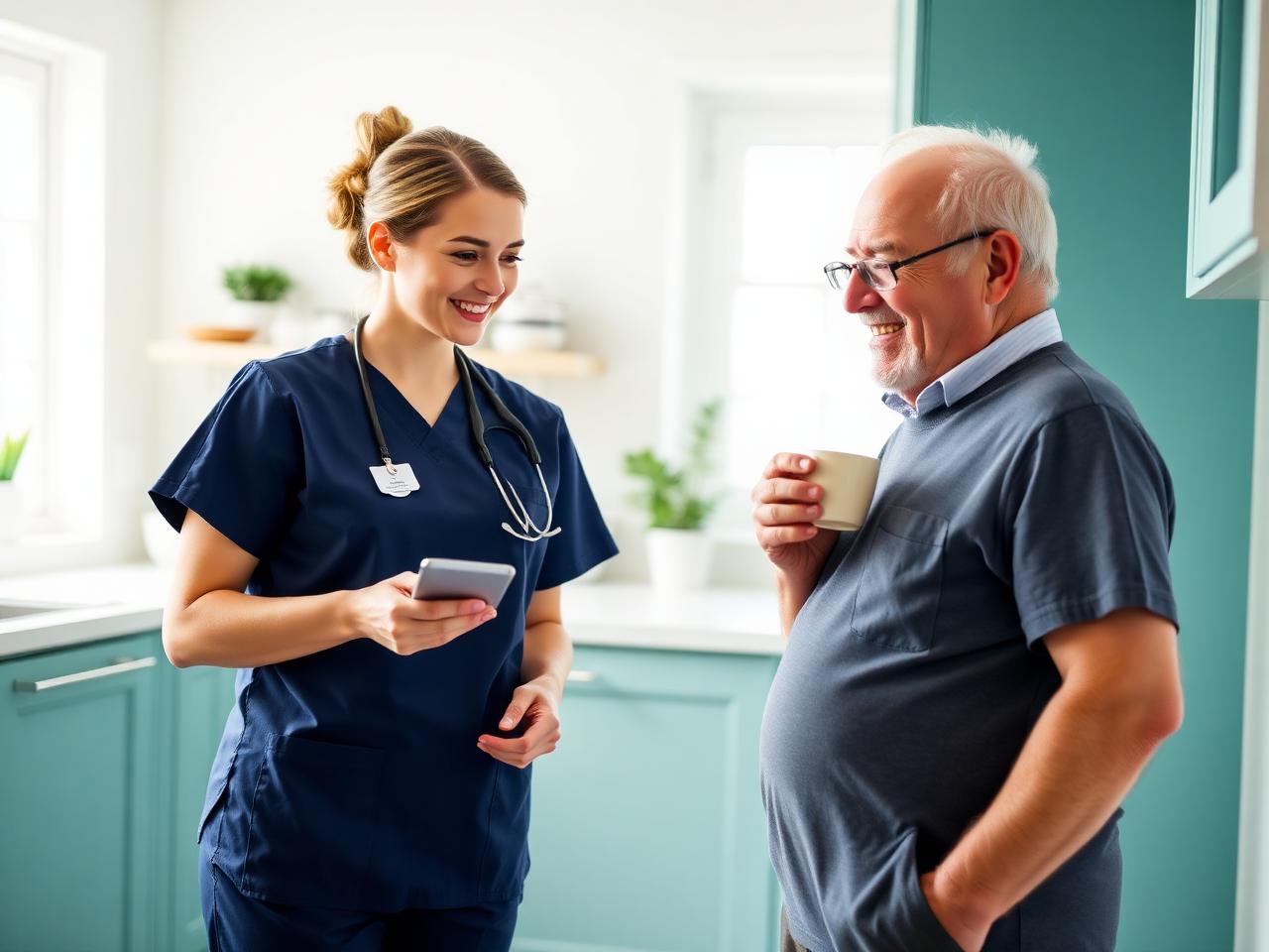 A caregiver reviewing the day's care plan on her phone while chatting with a resident