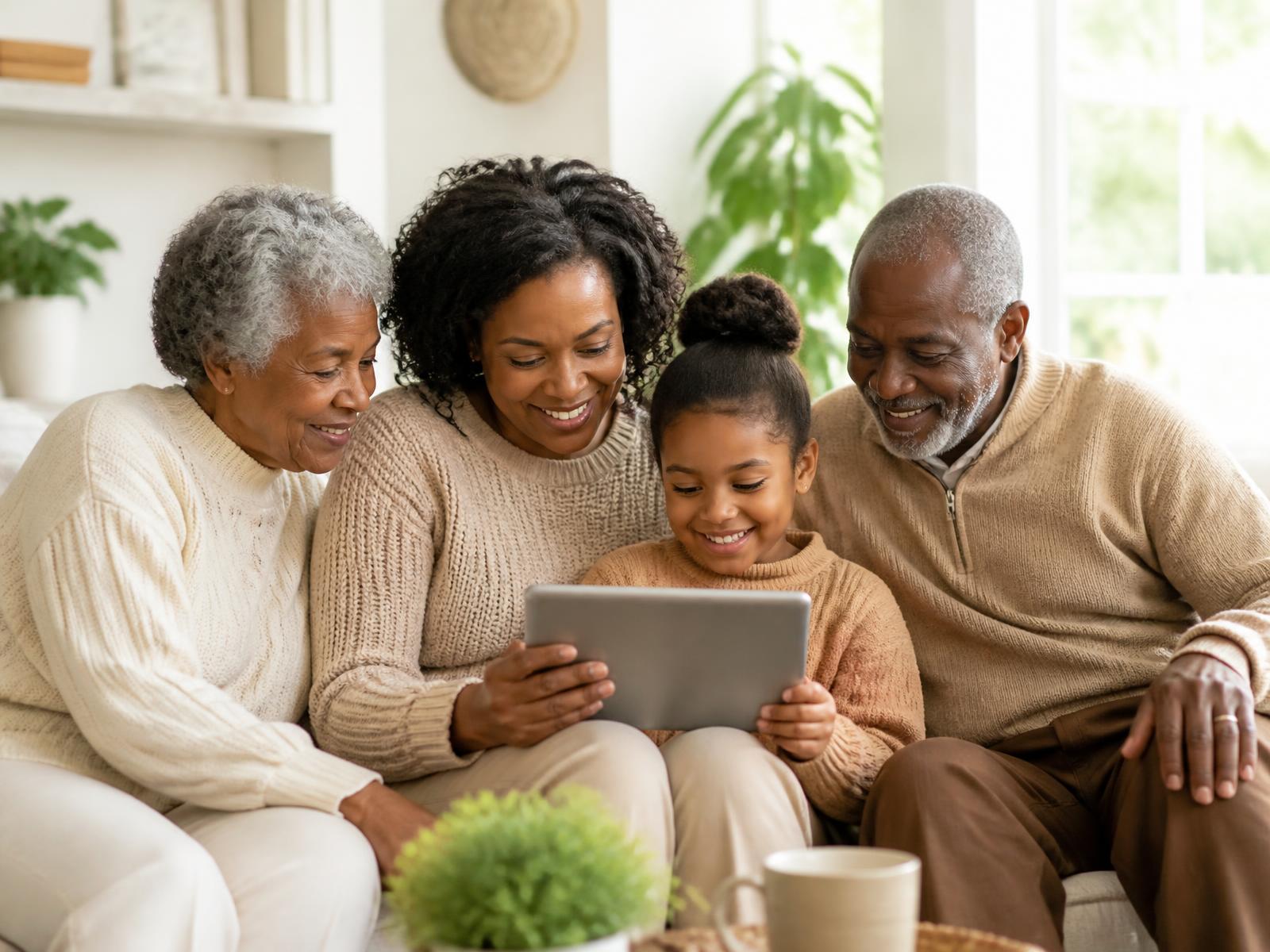Three generations of a family looking at a tablet together