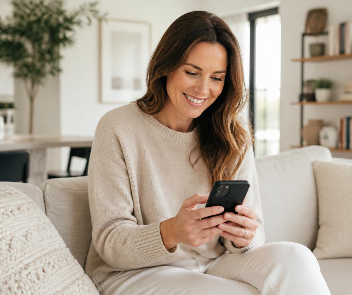 Woman checking her Senecta account on a phone
